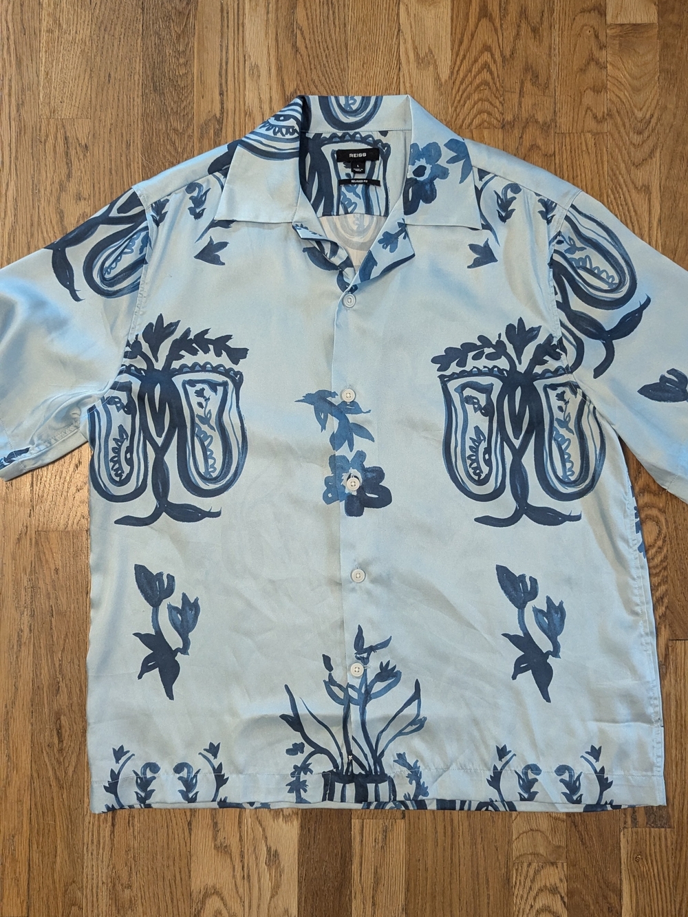 Reiss Light Blue Floral Print Short-Sleeve Shirt